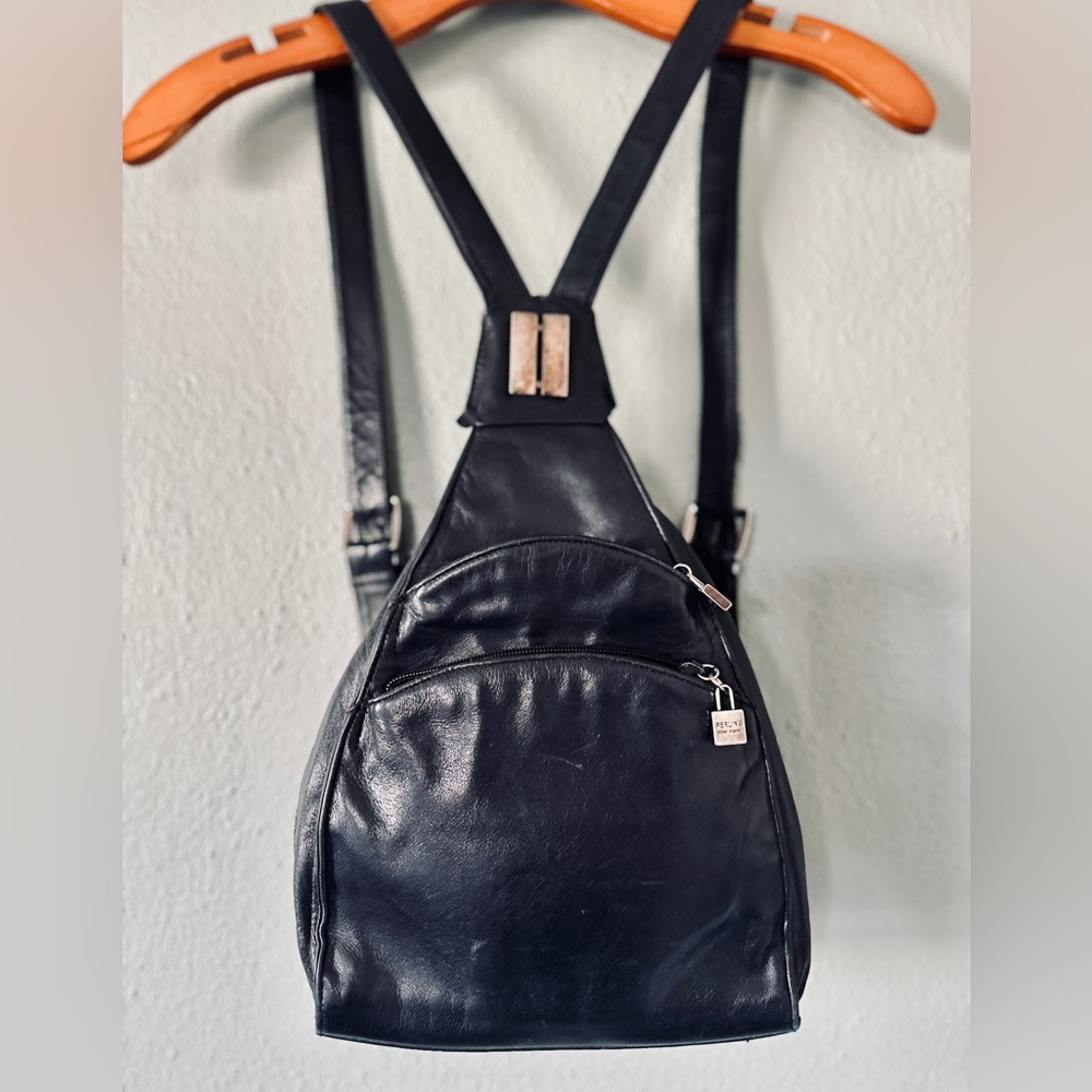Vintage PERLINA NEW YORK Soft Black Leather Triangle Mini Backpack